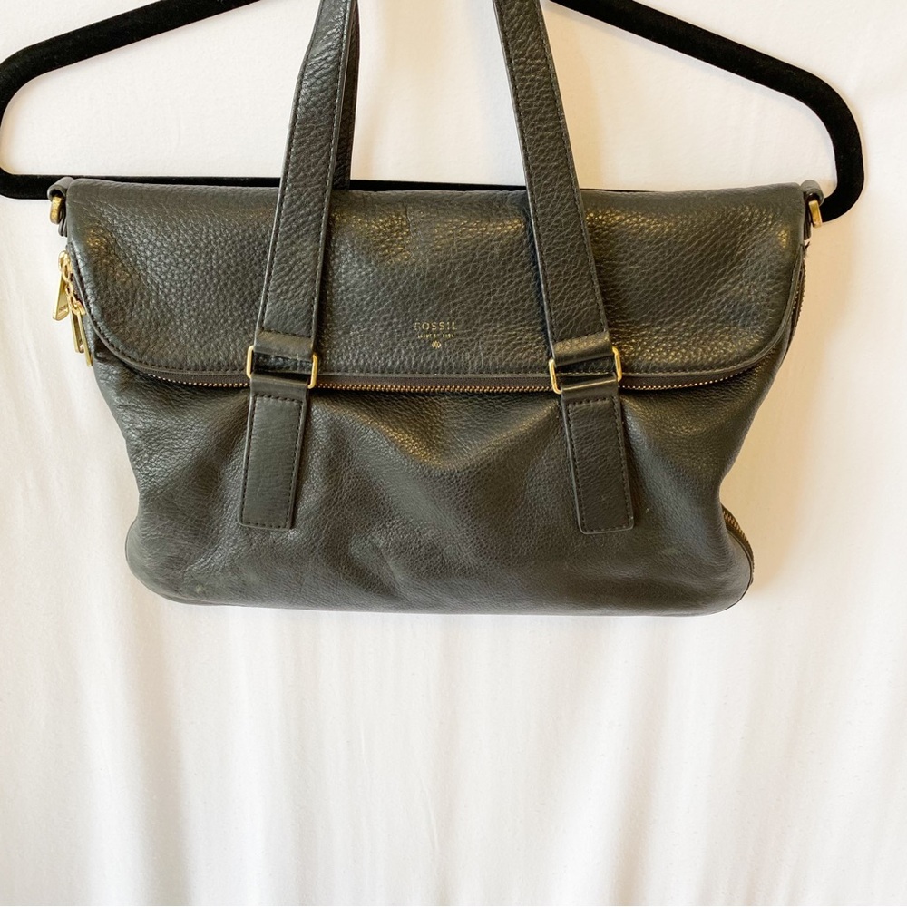 FOSSIL PRESTON FOLDED OVER LEATHER TOTE BLACK